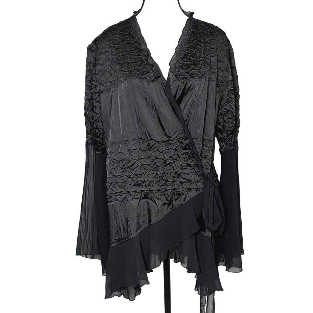 Joseph Ribkoff Whimsigoth Wrap Top Bell Sleeve 10 Black Sheer Dark Romance Witch
